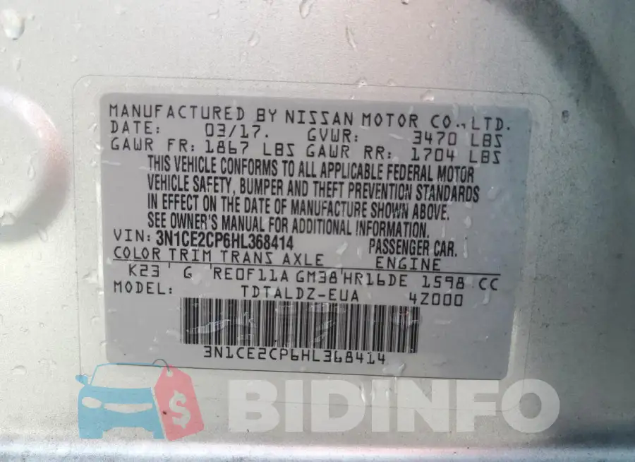 3N1CE2CP6HL368414 Photo# 12