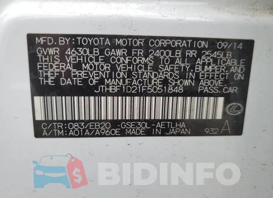 JTHBF1D21F5051848 Photo# 12