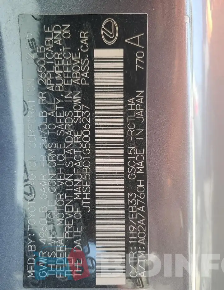 JTHSE5BC1G5006237 Photo# 13