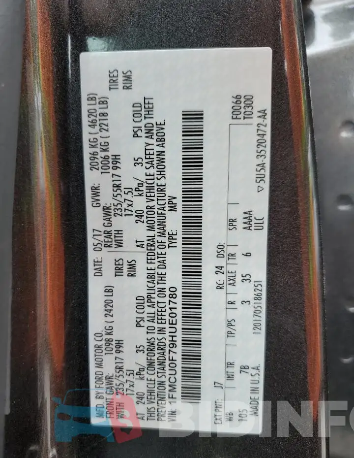 1FMCU0F79HUE01780 Photo# 14