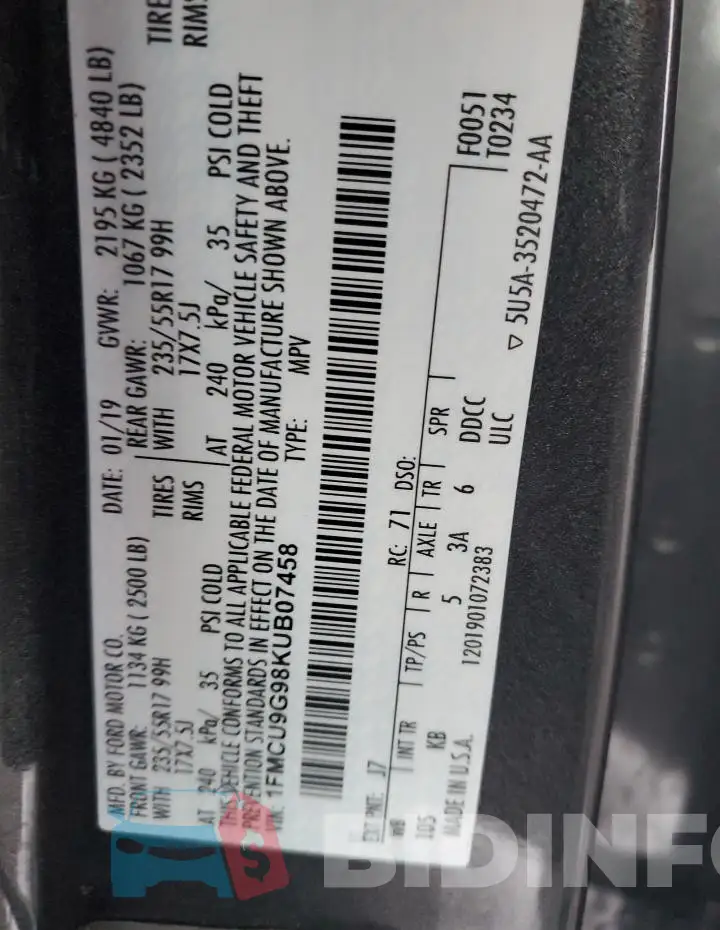 1FMCU9G98KUB07458 Photo# 12