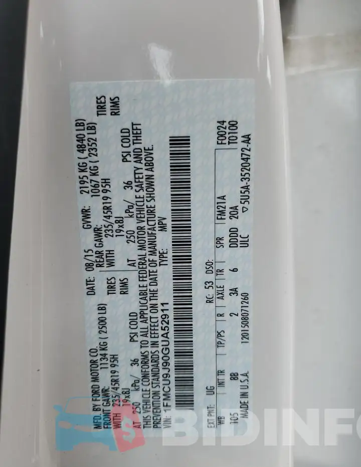 1FMCU9J90GUA52911 Photo# 13