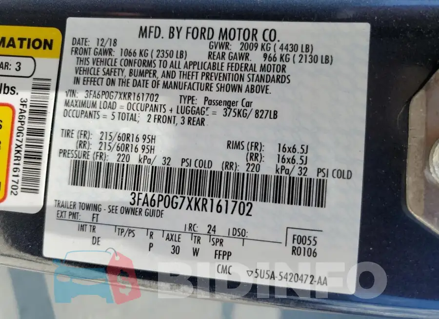 3FA6P0G7XKR161702 Photo# 13