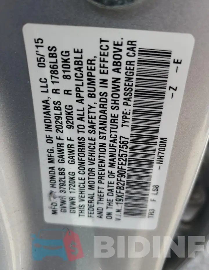 19XFB2F90FE257567 Photo# 12