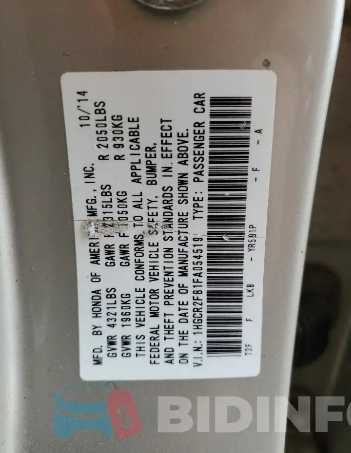 1HGCR2F81FA054519 Photo# 12