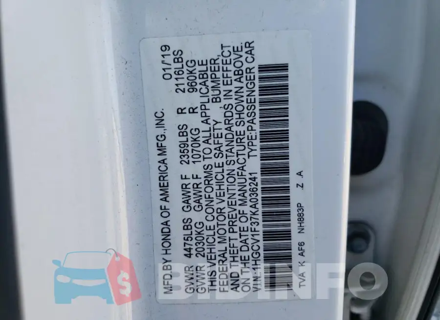 1HGCV1F37KA036241 Photo# 12
