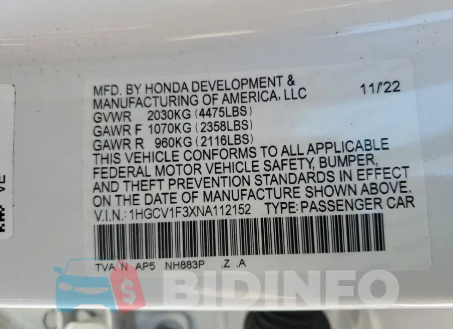 1HGCV1F3XNA112152 Photo# 12