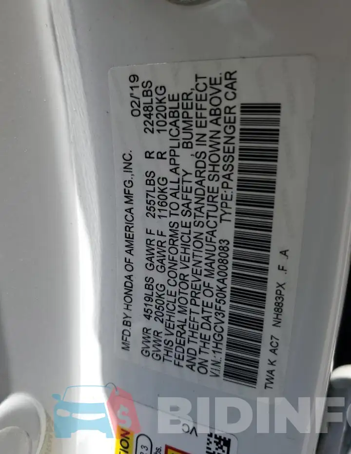 1HGCV3F50KA008083 Photo# 12