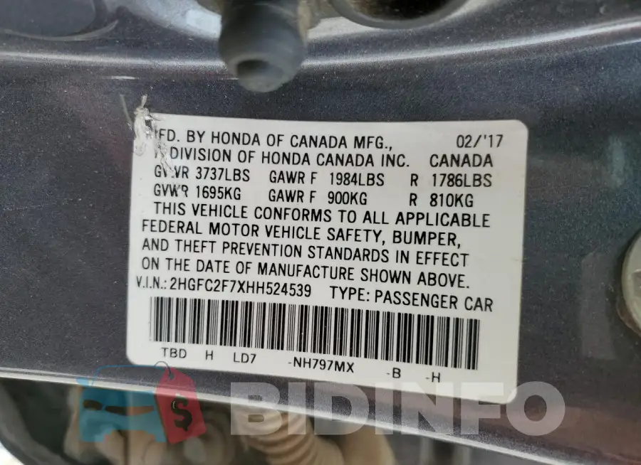 2HGFC2F7XHH524539 Photo# 12