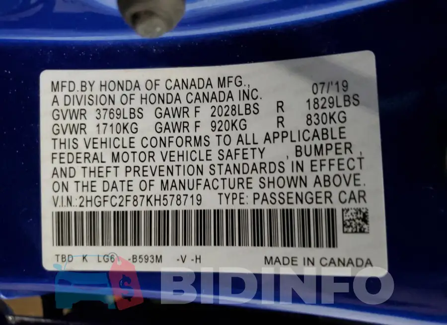 2HGFC2F87KH578719 Photo# 12