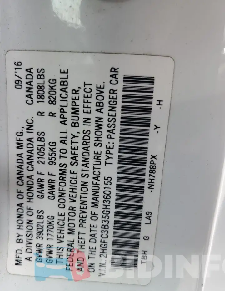 2HGFC3B35GH360155 Photo# 12