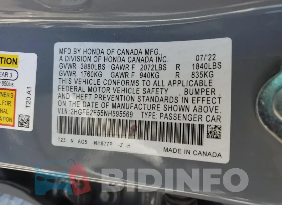 2HGFE2F55NH595569 Photo# 12
