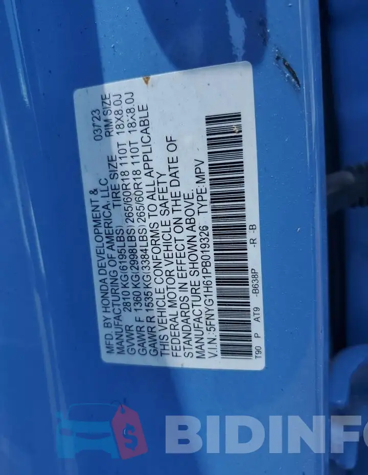 5FNYG1H61PB019326 Photo# 12