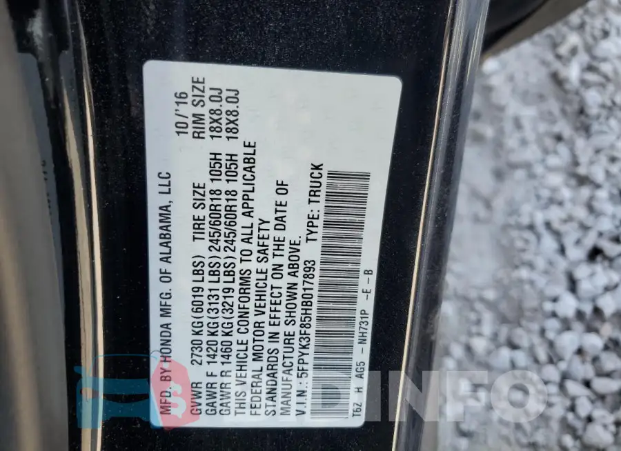 5FPYK3F85HB017893 Photo# 12