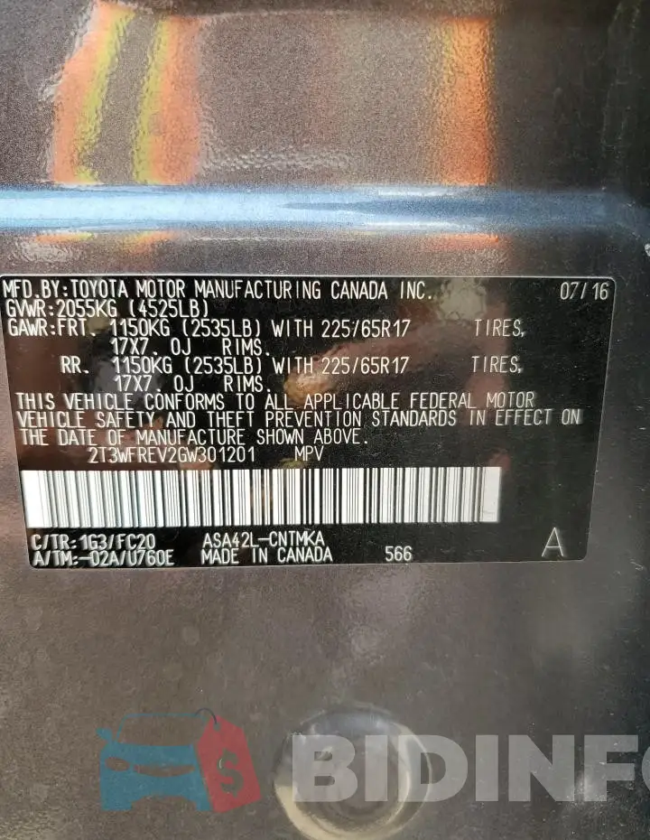 2T3WFREV2GW301201 Photo# 13