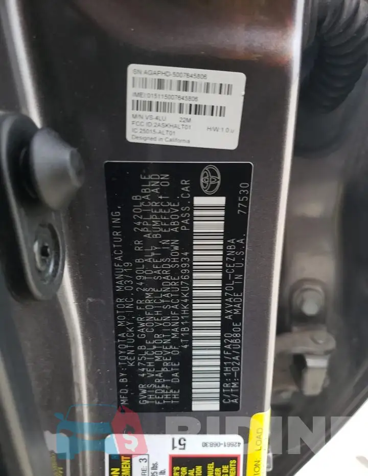 4T1B11HK4KU769934 Photo# 12