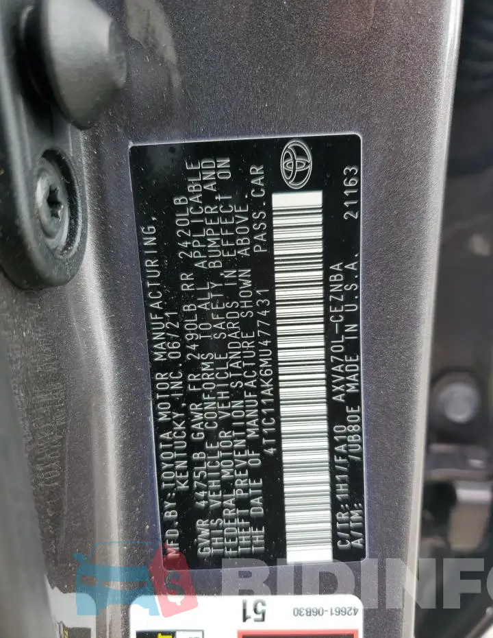 4T1C11AK6MU477431 Photo# 12
