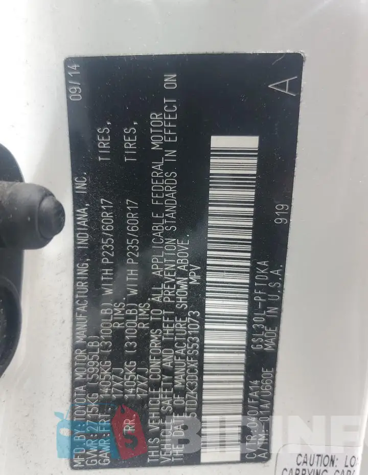 5TDZK3DCXFS531073 Photo# 13