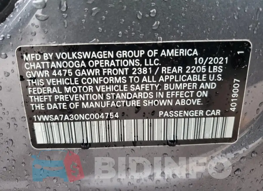1VWSA7A30NC004754 Photo# 12
