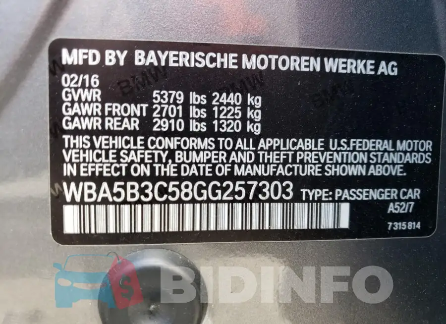 WBA5B3C58GG257303 Photo# 13