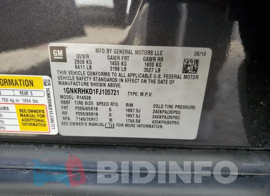 1GNKRHKD1FJ105721 Photo# 13