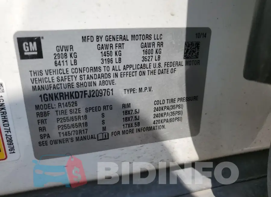 1GNKRHKD7FJ209761 Photo# 12