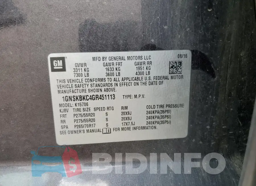 1GNSKBKC4GR451113 Photo# 13