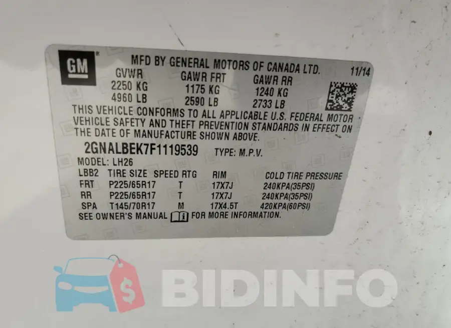 2GNALBEK7F1119539 Photo# 13