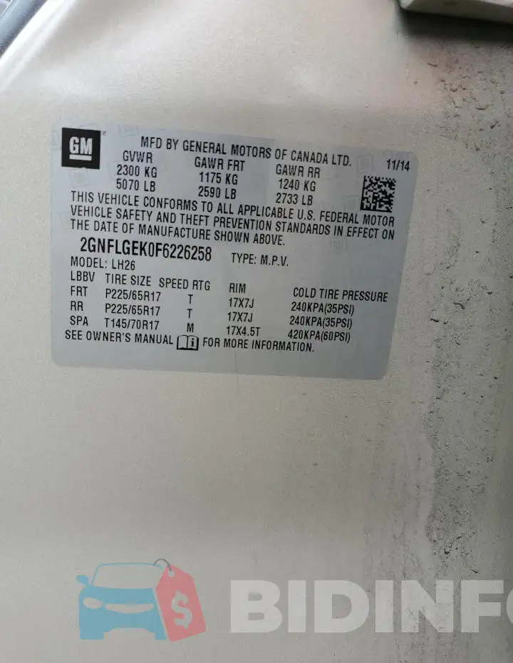 2GNFLGEK0F6226258 Photo# 12