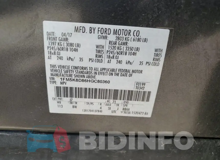 1FM5K8D86HGC80360 Photo# 13