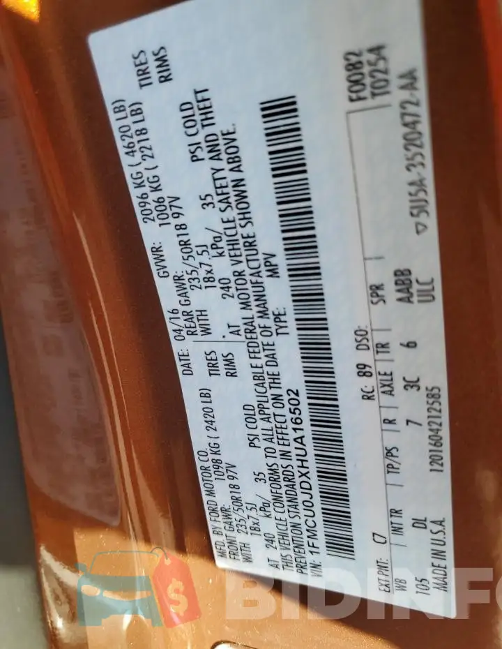 1FMCU0JDXHUA16502 Photo# 14