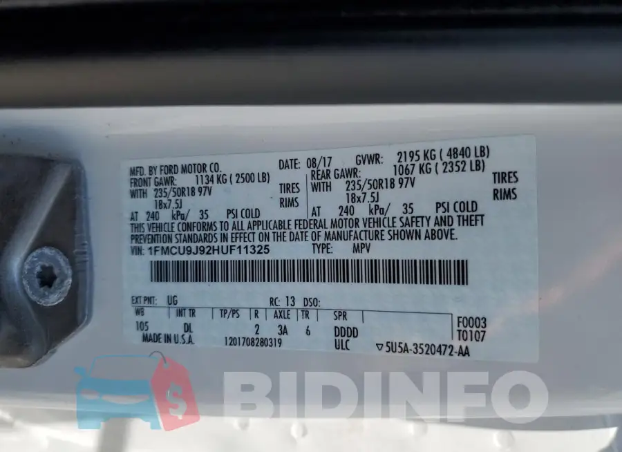 1FMCU9J92HUF11325 Photo# 13