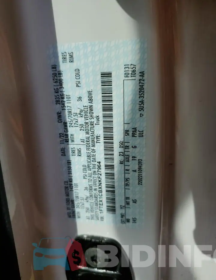 1FTEX1CBXNKF27964 Photo# 12