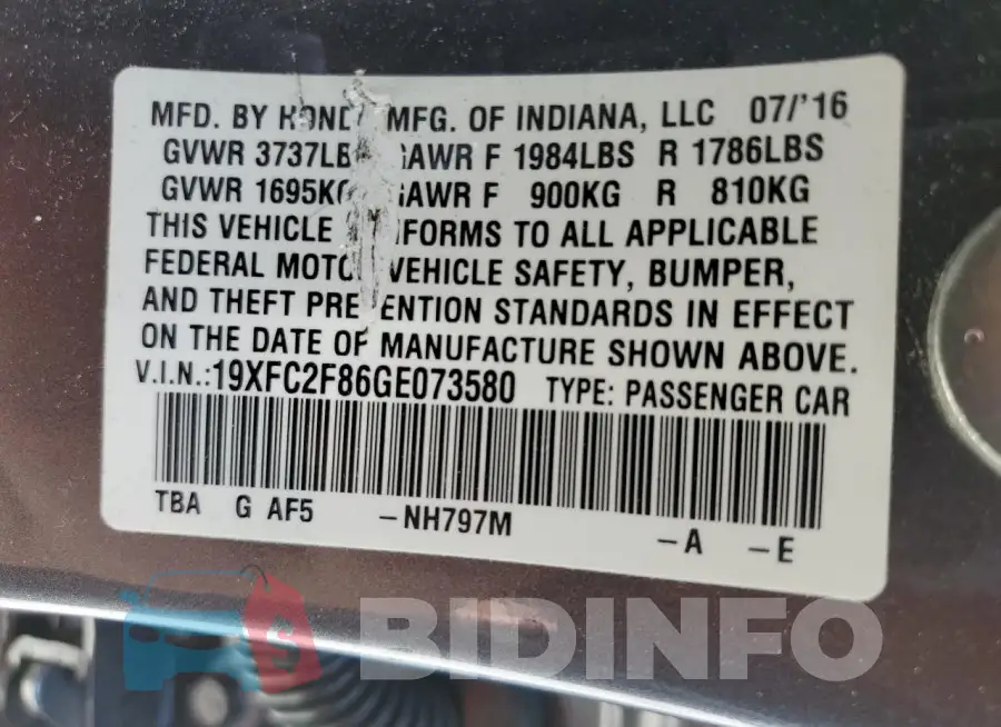 19XFC2F86GE073580 Photo# 12