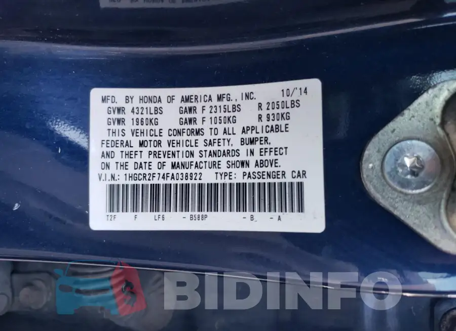 1HGCR2F74FA038922 Photo# 12