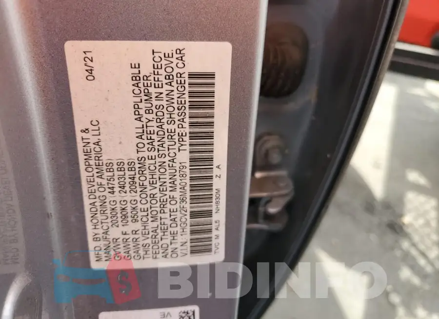 1HGCV2F36MA018791 Photo# 12
