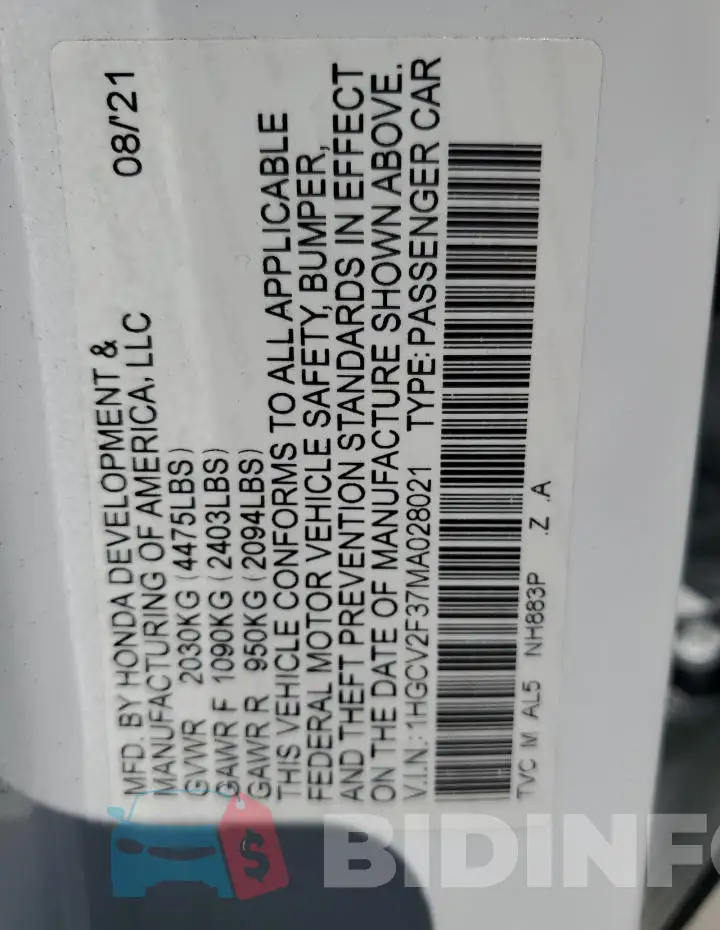 1HGCV2F37MA028021 Photo# 12