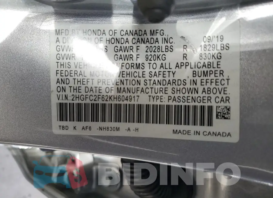 2HGFC2F62KH604917 Photo# 13