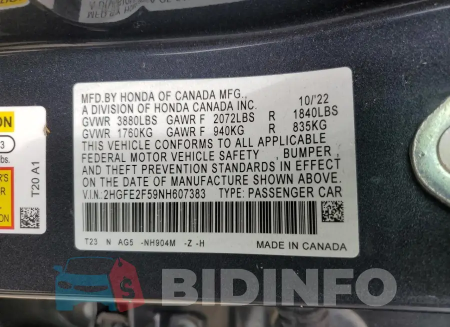 2HGFE2F59NH607383 Photo# 13