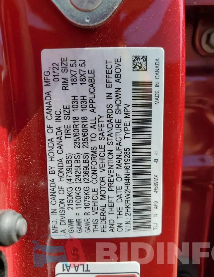 2HKRW2H84NH619285 Photo# 13