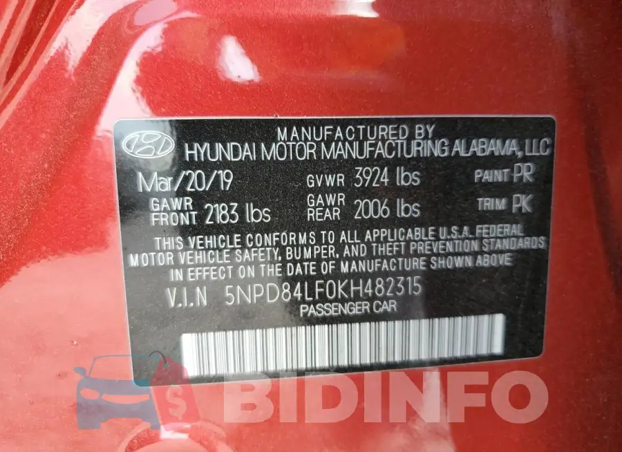 5NPD84LF0KH482315 Photo# 12