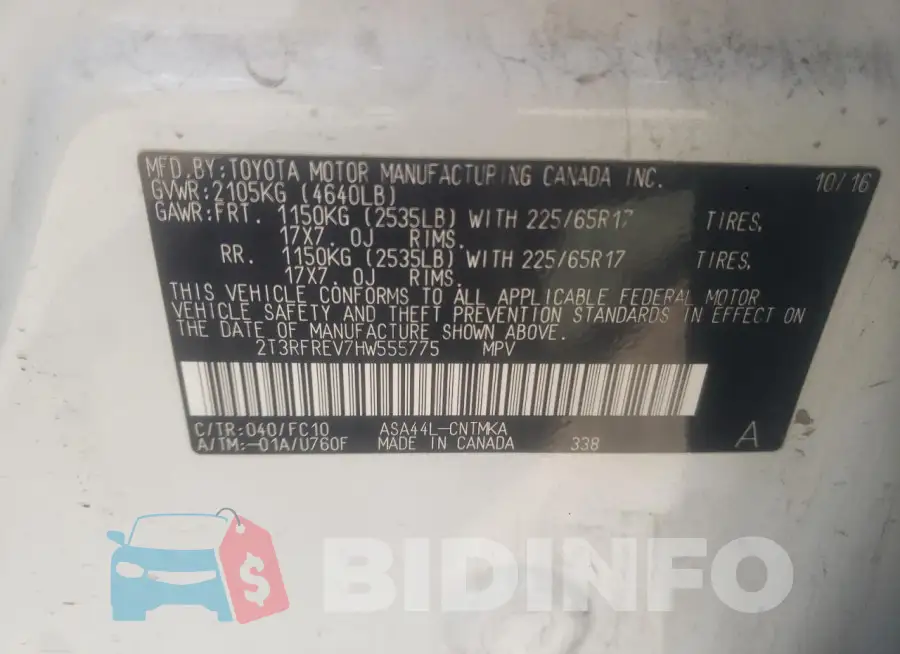 2T3RFREV7HW555775 Photo# 12