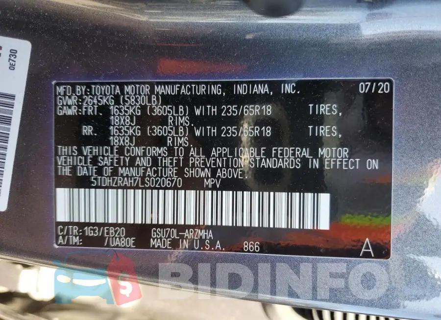 5TDHZRAH7LS020670 Photo# 13