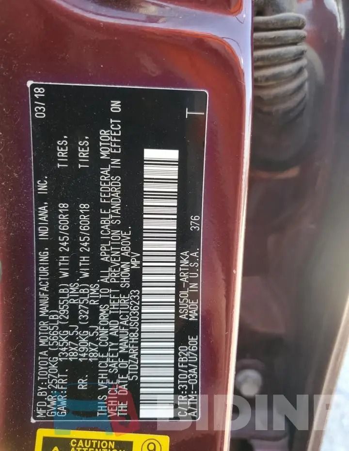 5TDZARFH8JS036233 Photo# 13