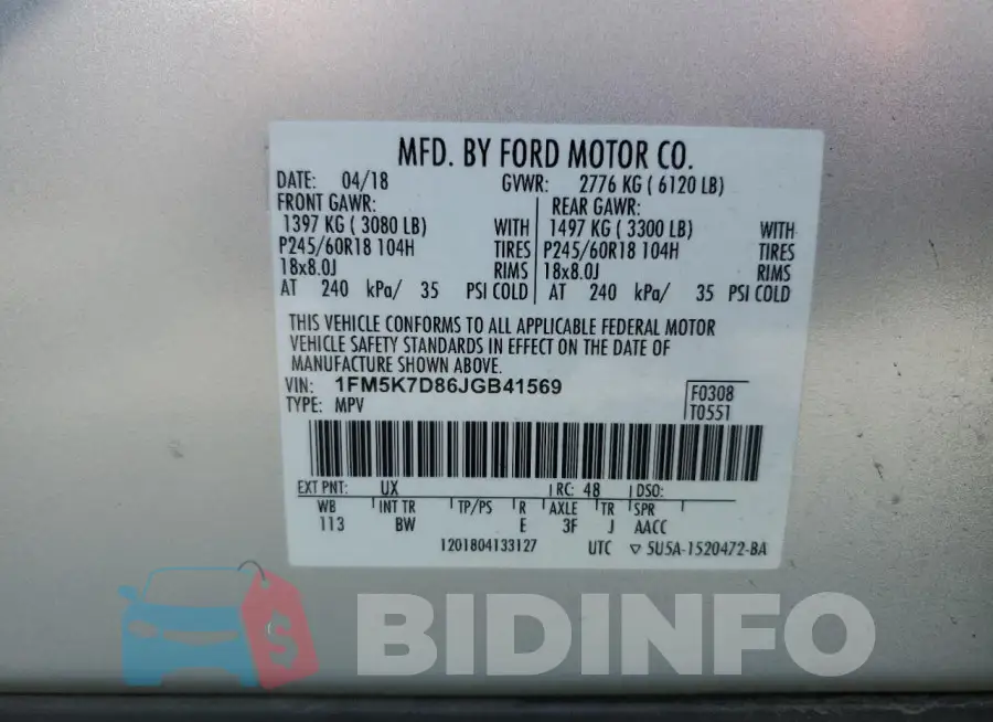 1FM5K7D86JGB41569 Photo# 13