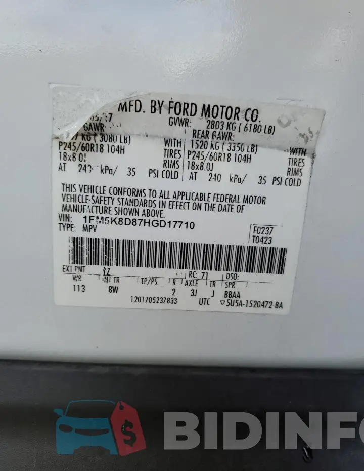 1FM5K8D87HGD17710 Photo# 14 1FM5K8D87HGD17710 Photo# 14
