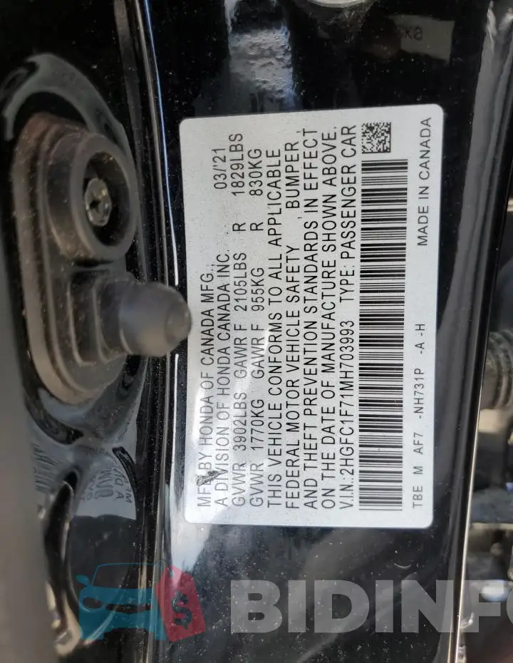 2HGFC1F71MH703993 Photo# 12