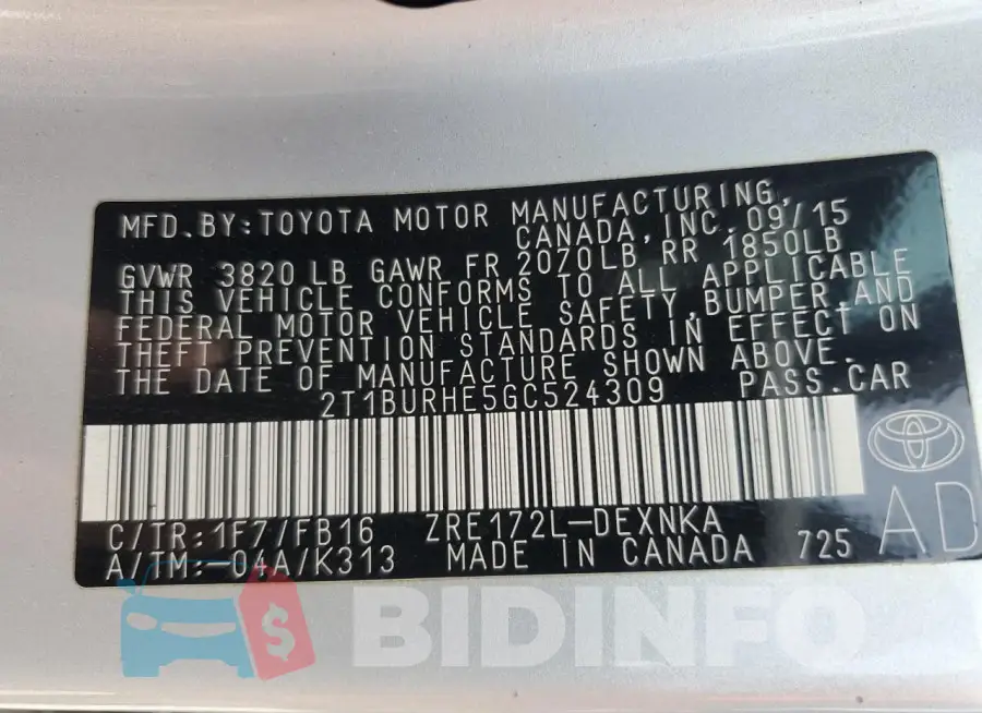 2T1BURHE5GC524309 Photo# 13
