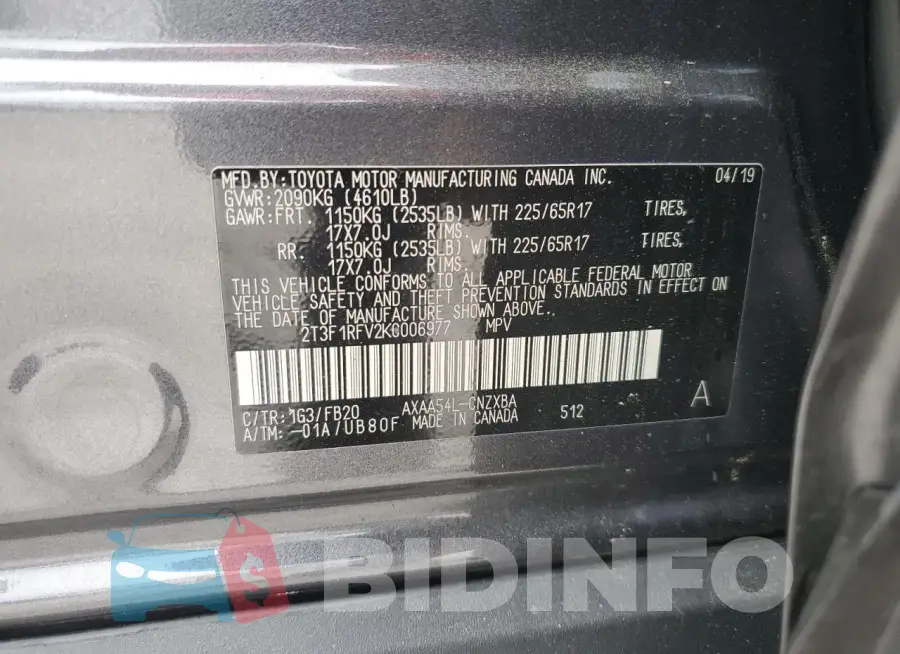 2T3F1RFV2KC006977 Photo# 14