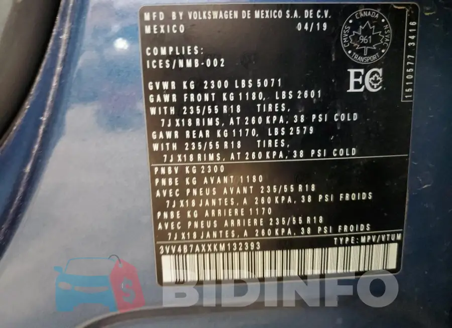 3VV4B7AXXKM132393 Photo# 14